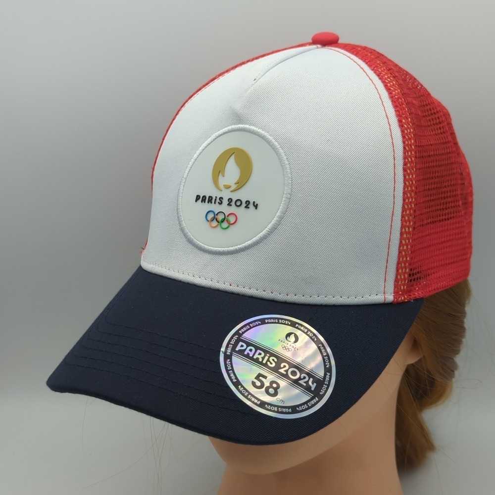 Paris 2024 Olympics Trucker Hat Mesh Snapback Red White Blue 3-Tone Cap 58cm